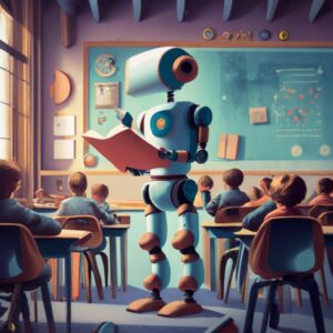 a realistic, futuristic photograph of a robot teacher teaching students in a classroom, apocalyptic, surreal, pastel